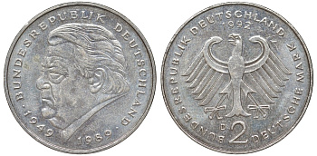 ФРГ 2 марки 1992 D, Франц Йозеф Штраус, 40 лет Федеративной Республике (1949-1989) KM 175, J. медно-никель 4137-1024