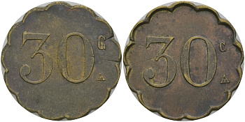 ФРАНЦИЯ 30 САНТИМОВ ND ПЛАТЕЖНЫЙ ЖЕТОН НАЧАЛА XX ВЕКА,ФИГУРНЫЙ КРАЙ, ДИАМЕТР 24 ММ. латунь 65-356