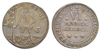 Брауншвейг-Каленберг-Ганновер 6 мариенгрошей 1709 дикарь, Георг I (1698-1727), из коллекции Ричарда Б. Смита KM 11, Welter 2179 серебро 00-821-26