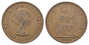 Великобритания 1 пенни 1962 Елизавета II (1952-2022) KM 897, Spink 4157 бронза 4661-844