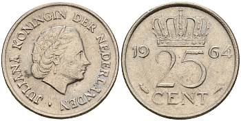 Нидерланды 25 центов 1964 Юлиана (1949-1980) KM 183 никель    4598-422