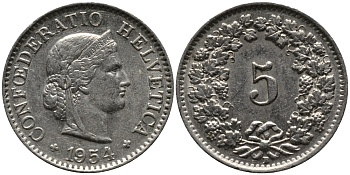 ШВЕЙЦАРИЯ 5 РАППЕНОВ 1954 В KM 26 медно-никель 96-1127