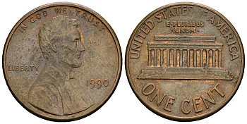 США 1 цент 1990 Линкольн KM 201b цинк плакированный медью 4136-338