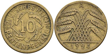 ГЕРМАНИЯ 10 РЕНТЕНПФЕННИГОВ 1924 А KM 33, J. 309 алюминиевая бронза 4401-345