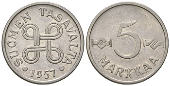 Финляндия 5 марок 1957 KM 37a железо плакированная никелем UNC 4169-255