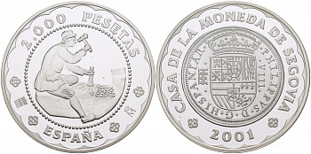 Испания 2000 песет 2001 500 лет монетному двору Сеговии, 8 реалов 1588 года, история монетной чеканки KM 1038 серебро PROOF 01-149-25