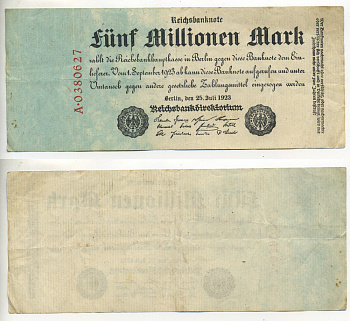 Германия 5000000 марок 1923 25 июля 1923, 5 миллионов марок Pick 95, Ros 94  бумага 434-25-3-1
