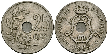 Бельгия 25 сантимов 1908 Belgique KM 62 медно-никель 4168-1131