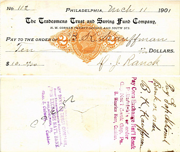 США чек на 10 долларов 1901 Филадельфия бумага 3295-99-1-2