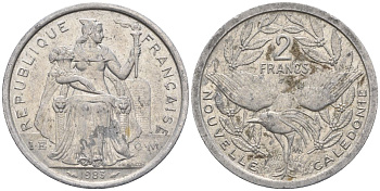 Французская Новая Каледония 2 франка 1983 птица кагу, (IEOM) KM 14, Schoen 11, Lec 63 алюминий    08-1026