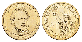 США 1 доллар 2010 P, Президент США - Джеймс Бьюкенен (1857-1861) KM 477 медь с марганцево-латунным покрытием UNC 4624-552