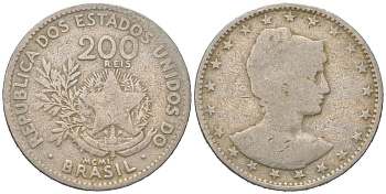 Бразилия 200 реалов 1901 MCMI, голова свободы вправо KM 504 медно-никель 4612-151