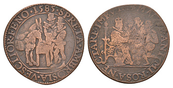 Испанские Нидерланды медаль "Елизавета I оказывает помощь голландцам, Антверпен и Неймеген сдаются" 1585 диаметр 28 мм, вес 5,49 гр медь 5010-125