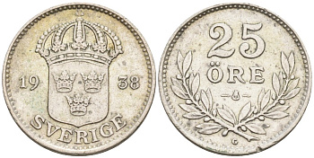 Швеция 25 эре 1938 G, Густав V (1907-1950) KM 785 серебро 4380-1234