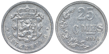 Люксембург 25 сантимов 1954 KM 45a.1 алюминий 4164-351