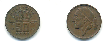 БЕЛЬГИЯ 50 САНТИМОВ 1965 BELGIQUE KM 148.1 бронза 83-346