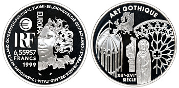 Франция 1 евро = 6,55957 франков 2000 готический стиль в архитектуре (XII-XVI веков) в оригинальной коробке, с сертификатом KM 1246 серебро PROOF 4-3-3-11