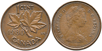 Канада 1 цент 1980 Елизавета II (1952-2022), кленовый лист KM 127 бронза 4528-747