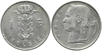 БЕЛЬГИЯ 1 ФРАНК 1967 BELGIE KM 143.1 медно-никель 4388-913