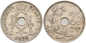 Бельгия 25 сантимов 1929 Belgie KM 69 медно-никель 190-736