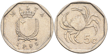 Мальта 5 центов 1993 краб KM 95 медно-никель 4588-126