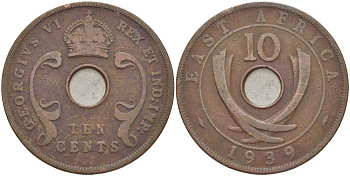 Британская Восточная Африка 10 центов 1939 Георг VI (1936-1952) KM 26.1 бронза 3333-1142