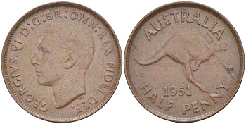 Австралия 1/2 пенни 1951 p, Георг VI (1936-1952), кенгуру, с точкой KM 42 бронза 4514-833