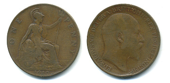 Великобритания 1 пенни 1910 Эдуард VII (1901-1910) KM 794.2, Spink 3990 бронза 89-842