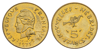 Французские Новые Гебриды 5 франков 1975 заморские территории KM 6.2 медь алюминий никель  aUNC  4641-124