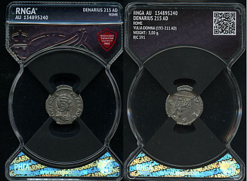 Римская Империя денарий 215 Юлия Домна, жена Септимия Севера, IVLIA PIA FELIX AVG, бюст императрицы/VESTA, Веста, Рим, в слабе RNGA - AU RIC 391 серебро 15-004-05