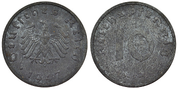 Германия 10 пфеннигов 1947 F, союзническая оккупация KM A 104 цинк 4119-432