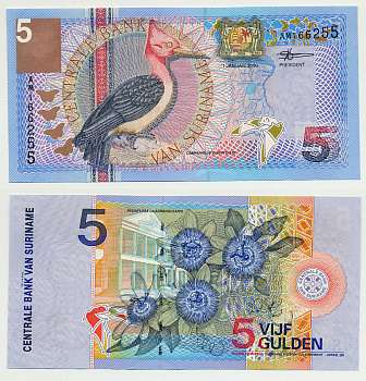 Суринам 5 гульденов 2000 птица Red-necked woodpecker, TDLR Pick 146 бумага UNC (пресс) 7485-41-1