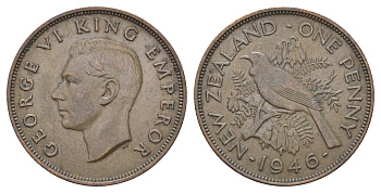 Новая Зеландия 1 пенни 1946 Георг VI (1936-1952), новозеландский туи KM 13 бронза    4403-1232