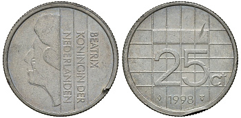 Нидерланды 25 центов 1998 Беатрикс (1980-2013) KM 204 никель 72-827
