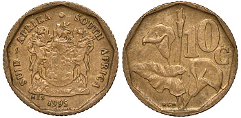 ЮАР 10 центов 1995 цветок KM 135 сталь плакированная латунью 4164-513