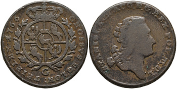 ПОЛЬША 3 ГРОША 1766 G, БОЛЬШАЯ ГОЛОВА, СТАНИСЛАВ ПОНЯТОВСКИЙ, КРАКОВСКИЙ МОНЕТНЫЙ ДВОР KM 182 (C41a) медь 441-1043