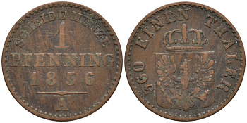 Пруссия 1 пфенниг 1856 A, Фридрих Вильгельм IV (1840-1861) KM 451 медь 4532-251