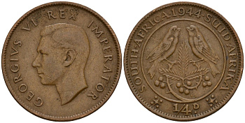 ЮАР 1/4 пенни 1944 Георг VI (1937-1952) KM 23 бронза 4164-636
