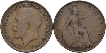Великобритания 1 пенни 1920 Георг V (1910-1936) KM 810, Spink 4051 бронза 4144-826