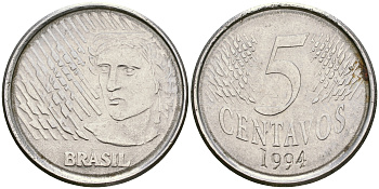 Бразилия 5 сентаво 1997 реформа 1994-, голова свободы влево KM 632 нержавеющая сталь 87-432