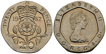 Великобритания 20 пенсов 1982 Елизавета II (1952-2022) KM 931, Spink 4230 (G1) медно-никель 23-1132