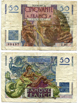 Франция 50 франков 1947 2 октября 1947, signatures: Rousseau & Gargam Pick 127b бумага 7215-9-3-2