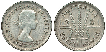 Австралия 3 пенса 1961 m, Елизавета II (1952-2022) KM 57 серебро 71-813
