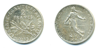 Франция 2 франка 1915 KM 845.1 серебро 00-00