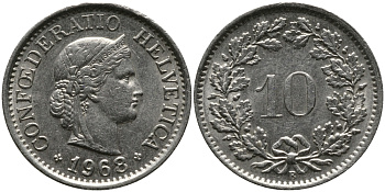 ШВЕЙЦАРИЯ 10 РАППЕНОВ 1968 В KM 27 медно-никель 33-247