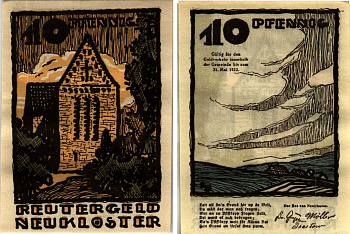 НОЙКЛОСТЕР 10 ПФЕННИГОВ 1922 НОТГЕЛЬД, 1922 - 31 МАЯ 1922, ЗЕМЛЯ МЕКЛЕНБУРГ-ПЕРЕДНЯЯ ПОМЕРАНИЯ Grabowski 951.1 бумага 7547-90-4-2