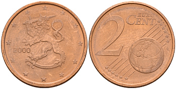 Финляндия 2 евроцента 2000  KM 99 сталь плакированная медью  UNC  4564-362