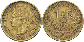 Французский Камерун 1 франк 1926 (а), монетный двор Париж KM 2 алюминиевая бронза 63-755