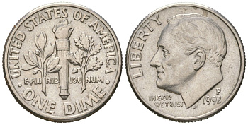 США 10 центов (дайм) 1992 P, президент Рузвельт KM 195a медь плакированная медно-никелем UNC 218-147