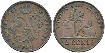 БЕЛЬГИЯ 2 САНТИМА 1912 BELGES KM 64 медь 110-213